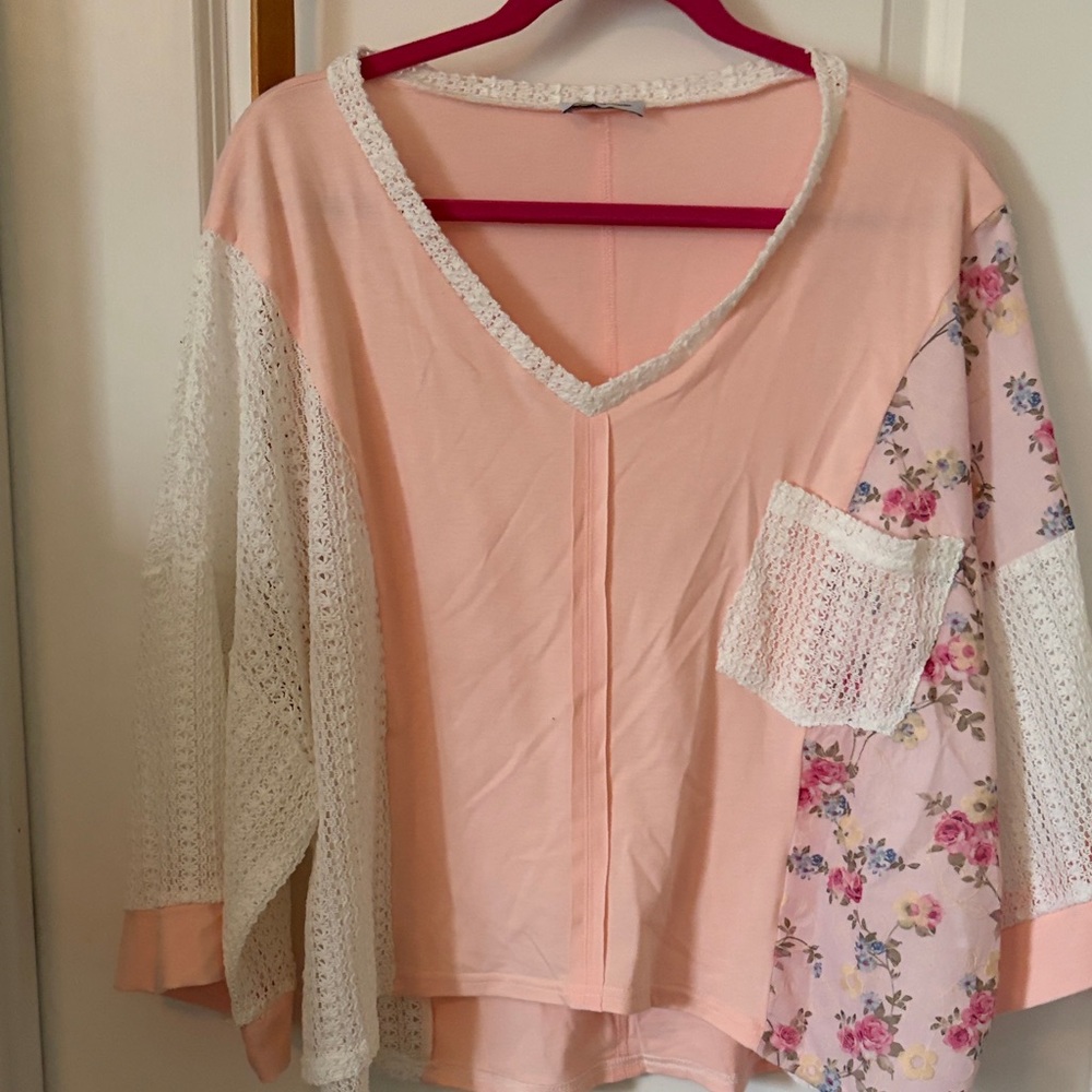 POL Peach V-Neck Patchwork Blouse with Floral Sleeve